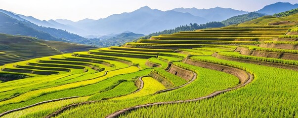 Fototapeta premium Fertile soil supporting rice paddies in Asian terraced farming landscapes