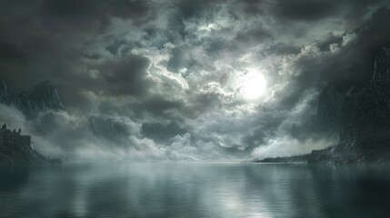 Obraz premium Ethereal Dark Fantasy Heaven in 3D with Serene Lake and Celestial Glow