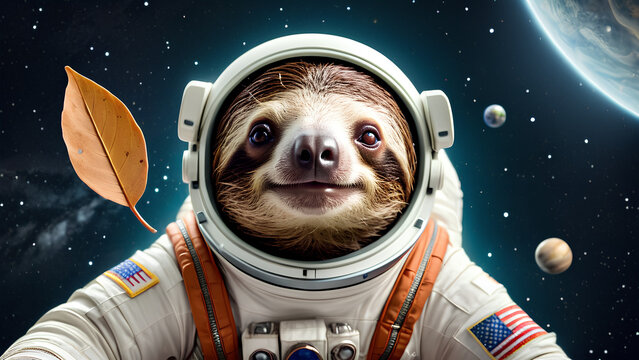 Astronautenfaultier im Weltraum: Ein schwebendes Faultier in einem Astronautenanzug, das durch den Weltraum schwebt, umgeben von Sternen und Planeten.