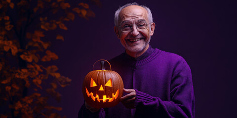 Naklejka premium Halloween portrait of tan-skinned elder with glowing lantern