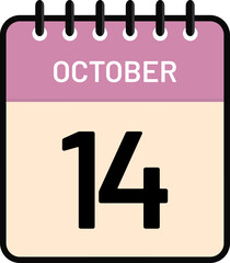 Calendar 14 October date icon with cute pastel colors