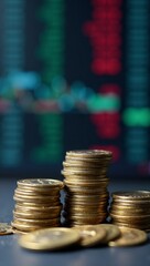 Financial concept Coins stacked on stock ticker symbolizing investments  market performance