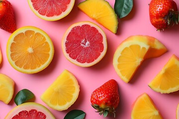Fresh Sliced Fruit, Oranges, Grapefruit, and Strawberries on a Pink Background