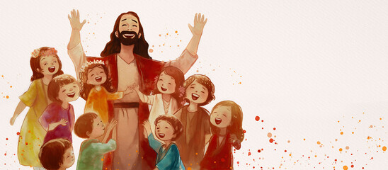 Jesus with Joyful Children, painting background for children