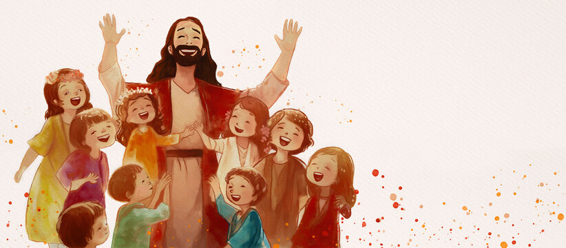 Jesus with Joyful Children, painting background for children