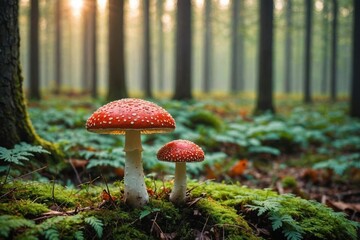 Generative ai Beautiful close up of Fly Agaric (Amanita muscaria) forest mushroom, soft morning light, blurred forest background