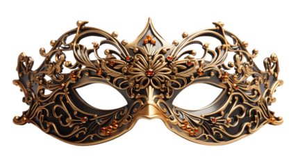 Golden carnival birthday party mask, isolated on white background.