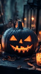Spooky Halloween Jack o' Lantern with Glowing Eyes and Candles