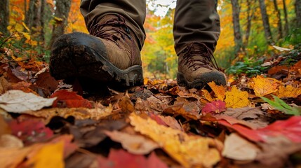 A close-up of hiking boots stepping on a trail covered in autumn leaves, with the forest's vibrant colors visible in the background.