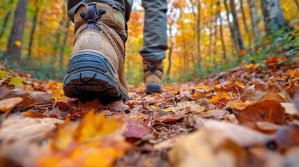 A close-up of hiking boots stepping on a trail covered in autumn leaves, with the forest's vibrant colors visible in the background.