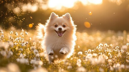 Obraz premium A cheerful Pomeranian dashes through a bright field adorned with blooming wildflowers, capturing the joy of a perfect sunny day