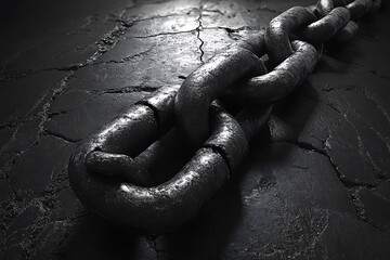 A heavy black chain broken on a dark cracked surface