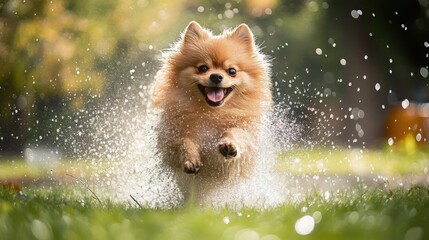 Obraz premium The Pomeranian runs exuberantly through a sprinkler, droplets sparkling in sunlight, as it enjoys a warm day in the lush green backyard