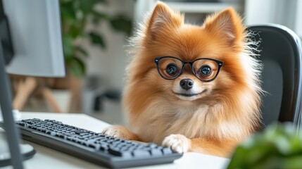 A fluffy Pomeranian sits attentively at a small desk, wearing stylish glasses while focusing on a tiny computer. The warm, inviting space enhances the moment