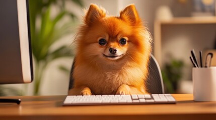 A fluffy Pomeranian sits attentively at a desk, paws on a small keyboard, surrounded by a warm and...