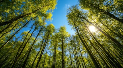 Fototapeta premium Looking up at tall trees in a forest with blue sky and sun shining through branches