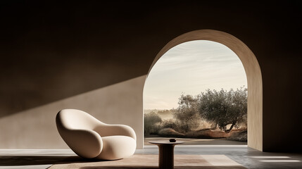 Minimalist room with a soft lounge chair and a small table positioned near an arched window. The...