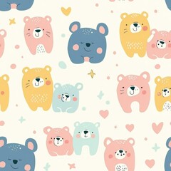 Cute bear seamless pattern with hearts and stars for children's design projects. AI