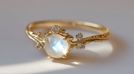 Charming moonstone and zircon ring with a translucent moonstone and a brilliant zircon in an intricate gold band