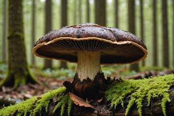 Generative ai Beautiful close up of Wood Decay Fungus (Ganoderma spp.) forest mushroom, soft morning light, blurred forest background