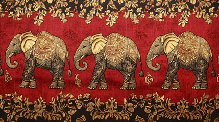 Three golden elephants with intricate patterns on a red background.