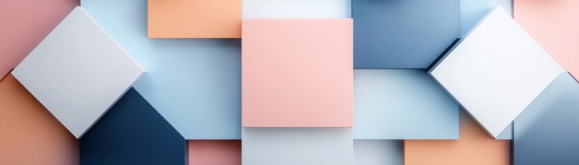 Fototapeta premium Abstract geometric shapes in pastel colors, including squares and rectangles, creating a modern and minimalistic design.