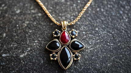 Charming spinel and obsidian pendant with red spinel and deep black obsidian stones in a delicate gold chain