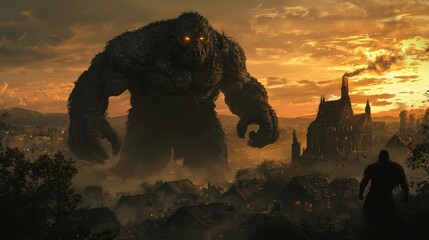 Dark Giant: Malevolent Monster Looming Over Ruined Twilight Village in 3D Render