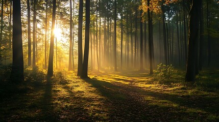 Obraz premium Sunrise in a misty forest with sunbeams shining through the trees