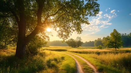 Obraz premium Sunrise over dirt road through field, green trees with bright blue sky and clouds