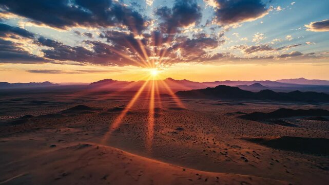 Stunning desert sunrise over arid landscape with dramatic clouds and mountain silhouettes