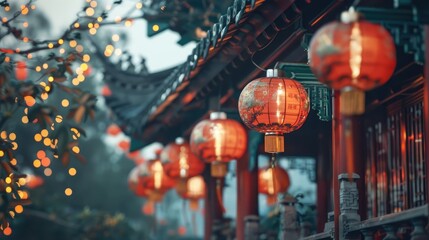 Festive red lanterns on a traditional building.