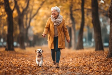Fototapeta premium cheerful elderly female walking her small dog in park with autumn leaves on ground. senior activities