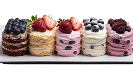 six cake decorated with blueberries, cookies and chocolates in a row, isolated on white background.