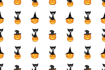 Halloween overlay seamless pattern jack-o-lanterns and grinning black cat