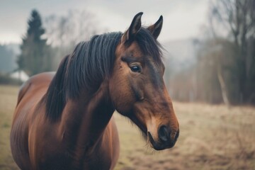 Majestic brown horse in misty countryside landscape AI