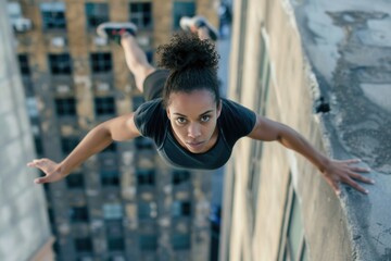 Urban parkour adventure: fearless woman defying heights on city rooftop. AI