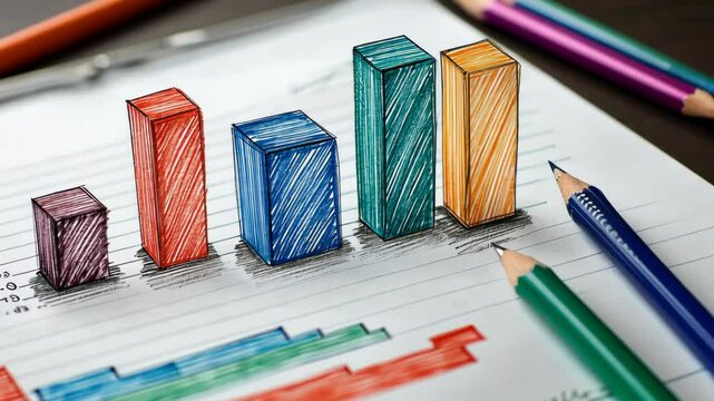 Colorful bar graph analysis highlighting data trends with detailed statistics and sketches on paper