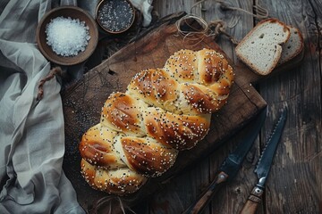 Delicious round braided challah with poppy and sesame seeds on wooden board. AI