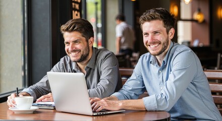 Fototapeta premium Two busy professional executive team business people working together smiling looking at computer at cafe meeting. Professional manager consulting corporate client using laptop,