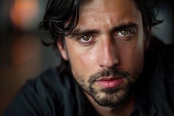 Expressive portrait of a thoughtful individual with intense eyes and dark hair AI