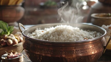 Fototapeta premium Fragrant basmati rice steaming in a traditional copper pot, each grain infused with the aroma of Indian spices and ghee, ready to be paired with a flavorful curry.