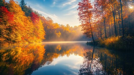 A breathtaking autumn landscape with trees in full fall colors, their orange, red, and yellow leaves reflecting in a calm lake, captured in golden-hour light.