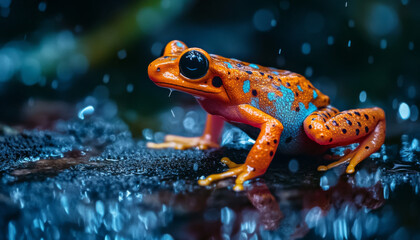 Orange poisonous frog in rain forrest