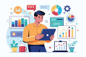 Fototapeta premium A man is engaged in analyzing various infographics on his tablet while surrounded by charts and graphs, A man uses a tablet to analyze infographics, diagrams, bar charts, and reports.