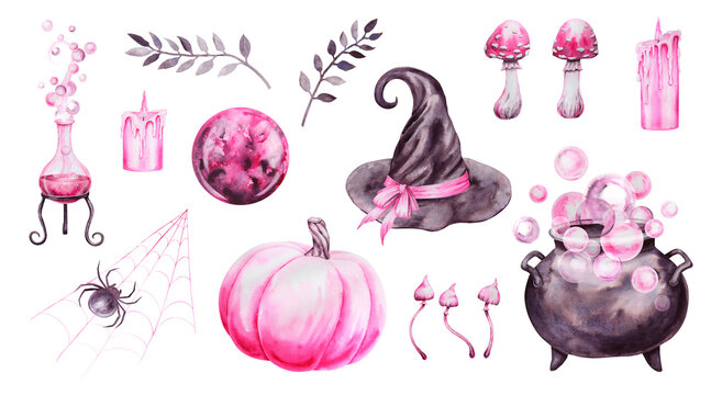 Set of Halloween elements. Black cauldron with potion, poisonous mushrooms, fly agaric, witch hat, pink pumpkin, spider on web, candles Esoteric attribute of a witch, sorcerer. Watercolor clip art