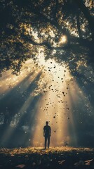 Fototapeta premium Silhouette of a Man Standing in a Forest with Sunlight Shining Through the Trees