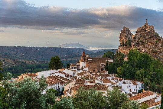 Castril, with the rock, the church and views of the northern region of Granada, Andalusia.