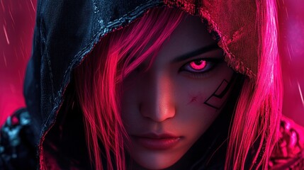 Woman asian assassin medieval warrior knight pink hair wearing a hood hero character background wallpaper AI generated image