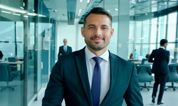 Confident Banker Walking in Modern Office Space